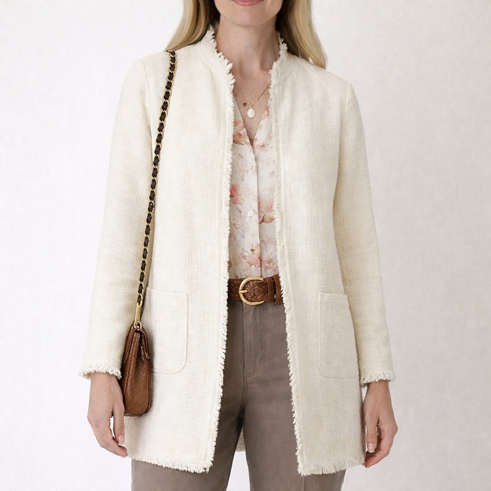 Chico’s Cream Fringe Tweed Open Front Jacket Size 1 (approx. Medium)